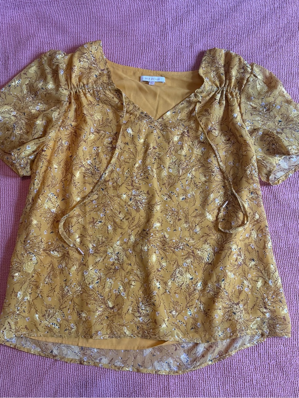 Skies Are Blue Mustard Floral Puff-Sleeve V-Neck Blouse with Gold accents